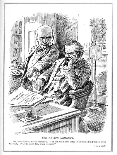 Lloyd George is Rebuked by Mr. Punch over the Report on the British Invasion of Iraq (Mesopotamia) in 1914, cartoon from Punch magazine, July 1917 by Leonard Raven Hill